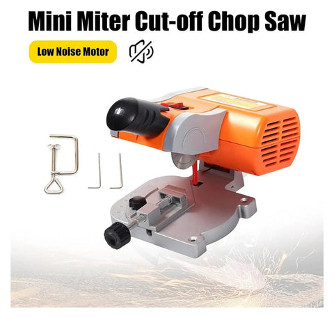Mini Miter Cut-off Chop Saw with low noise motor, compact size for metal and wood cutting, featuring adjustable bevel control.