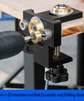 Close-up of 3 In 1 Doweling Jig Drill Kit With Adjustable Guide for woodworking pocket holes and embedded nuts in use