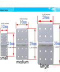 Three sizes of nylon hinges for RC airplanes with measurements; small 12x24mm, medium 16x29mm, large 20x36mm.