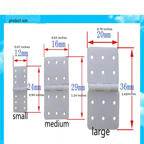 Three sizes of nylon hinges for RC airplanes with measurements; small 12x24mm, medium 16x29mm, large 20x36mm.