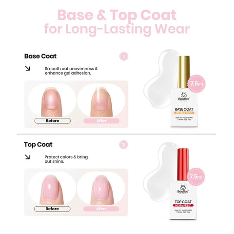 Instructions for using Nude Builder Gel Set With Base Coat And Top Coat HEMA Free, before and after nail enhancement images.