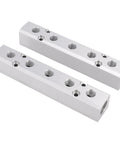 Two aluminum 5 Way 7 Port Pneumatic Air Manifold with 1/4 Inch NPT Output and 1/2 Inch NPT Supply Mounting Hole for heavy duty systems.