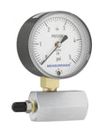 Front view: MEASUREMAN diaphragm capsule low-pressure gauge with valve, 2.5in dial, brass 3/4in FNPT, 0–5 psi