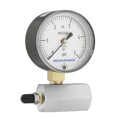 Front view: MEASUREMAN diaphragm capsule low-pressure gauge with valve, 2.5in dial, brass 3/4in FNPT, 0–5 psi