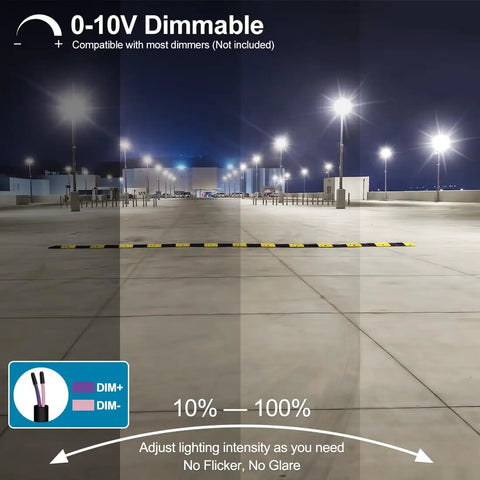 Dimmed parking lot with Beast Bright 150W LED Parking Lot Light With Dusk To Dawn Photocell Outdoor Power Tunable 150W 100W 75W 22500LM 5000K Daylight IP65 Weatherproof 100 To 277V Slip Fitter And Arm Mount ETL shown here