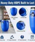 Sturdy 55 Gallon Rain Barrel Water Storage Drum For Emergency Prep Heavy Duty Industrial Plastic Barrel With Leakproof Lock Lid Airtight Seal Reinforced HDPE Blow Molded Construction with blow molded body and reinforced ribs in warehouse setting