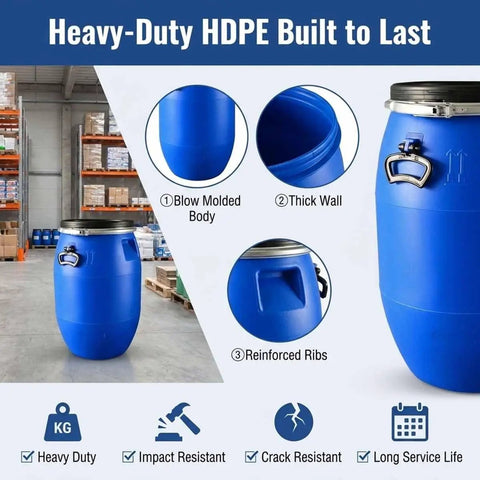 Sturdy 55 Gallon Rain Barrel Water Storage Drum For Emergency Prep Heavy Duty Industrial Plastic Barrel With Leakproof Lock Lid Airtight Seal Reinforced HDPE Blow Molded Construction with blow molded body and reinforced ribs in warehouse setting