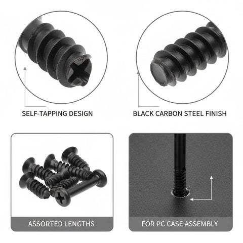 Self Tapping Screws For PC Case Installation Carbon Steel Fastener Kit with assorted lengths and black oxide finish