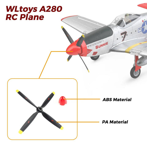 2 Pack Spare RC Plane Propellers Set For WLtoys A280 P51 Mustang XK RC Plane Replacement Propellers For Airplane Glider Accessories Durable Material Plug And Play, showing ABS and PA material labels on the propellers and a red propeller cap.