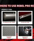Renegade Pro Red liquid metal polish promo banner; targets aluminum fuel tanks, stainless trim, diamond plate, and wheels.