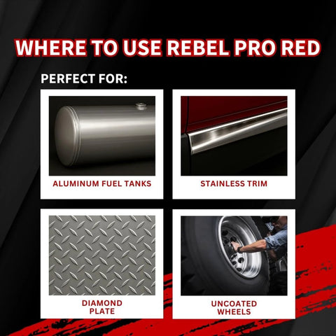 Renegade Pro Red liquid metal polish promo banner; targets aluminum fuel tanks, stainless trim, diamond plate, and wheels.