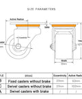 Heavy Duty Nylon Castor Wheels Set Of 4 75Mm Industrial Swivel Casters With Locking Brakes size parameters diagram