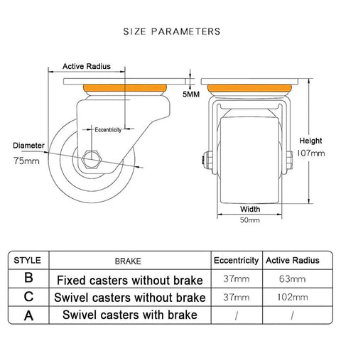 Heavy Duty Nylon Castor Wheels Set Of 4 75Mm Industrial Swivel Casters With Locking Brakes size parameters diagram