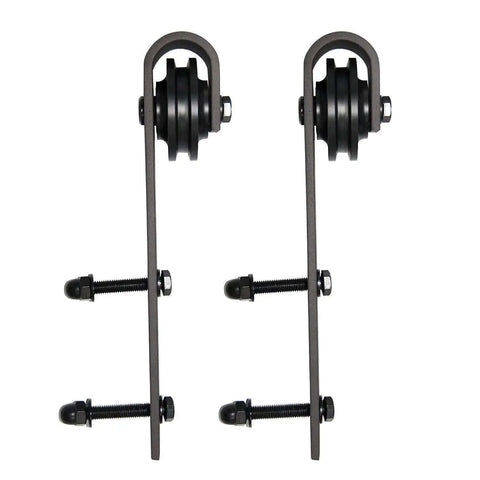 Felicia 3312 black sliding door hardware components for barn doors with heavy duty rails and floor guides, side view