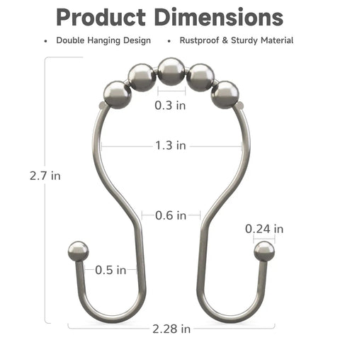 Rustproof Brushed Nickel Shower Curtain Hooks Set With Double Glide Design dimensions illustration
