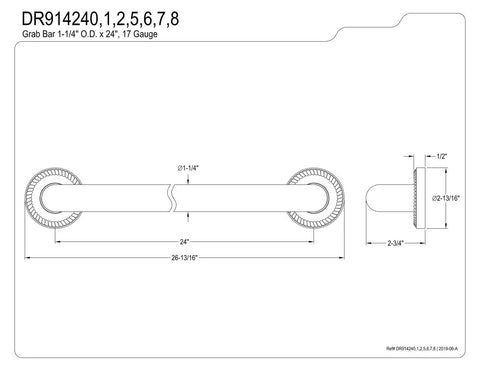 Technical drawing of Camelon 24 Inch Grab Bar One And A Quarter Inch Diameter Polished Brass Finish Built To Last with dimensions.