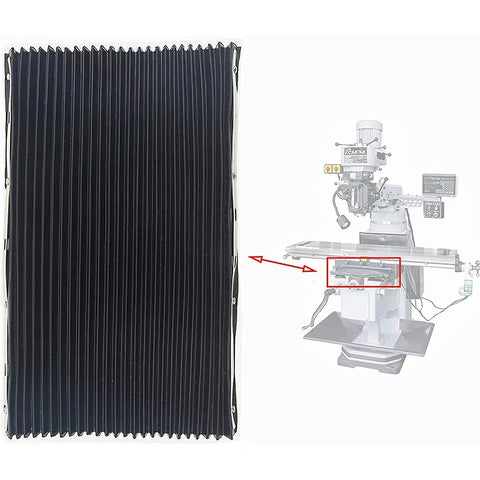 Portable Milling Machine Accordion Cover Rubber Shield 400x600mm in black next to a milling machine diagram.