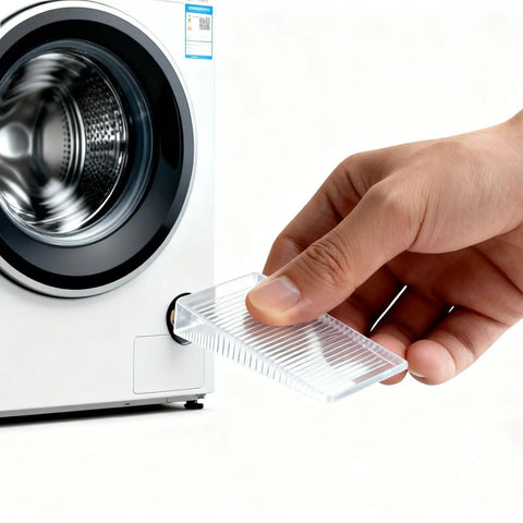 Person inserting Heavy Duty Clear Plastic Shims And Leveling Wedges For Wobbly Toilets Furniture And Appliances into a washer