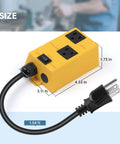 Front view of Ortis automatic vacuum switch, yellow housing with two 120V outlets, on/off/auto switch, wall plug cord