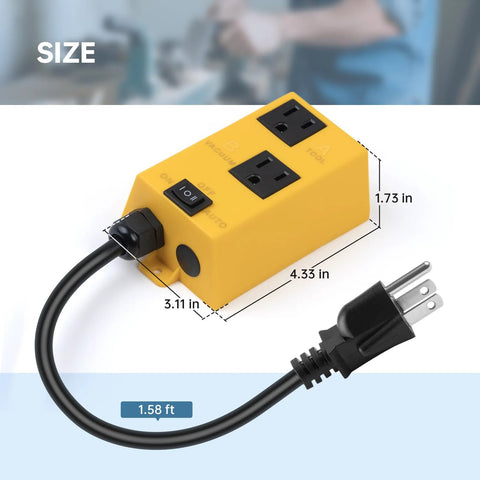 Front view of Ortis automatic vacuum switch, yellow housing with two 120V outlets, on/off/auto switch, wall plug cord