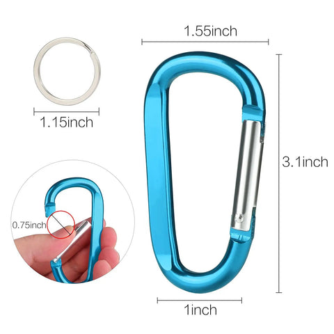Six Pack 3 Inch Aluminum Carabiner Clips D Ring Keychain Hooks Heavy Duty Lightweight Yet Durable, detailed view and dimensions