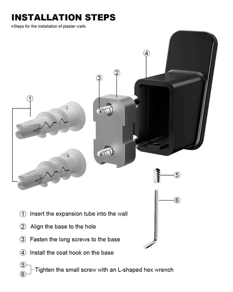 Installation guide for 4 Pack Matte Black Towel Hooks For Bathroom And Mudroom Heavy Duty Wall Mounted Hooks with drill mounts and screws.