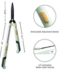 Extendable Hedge Shears With No Ladder Needed 27 To 35 Inch Reach Wavy Stainless Steel Blades Teflon Coated, showing dimensions and features.