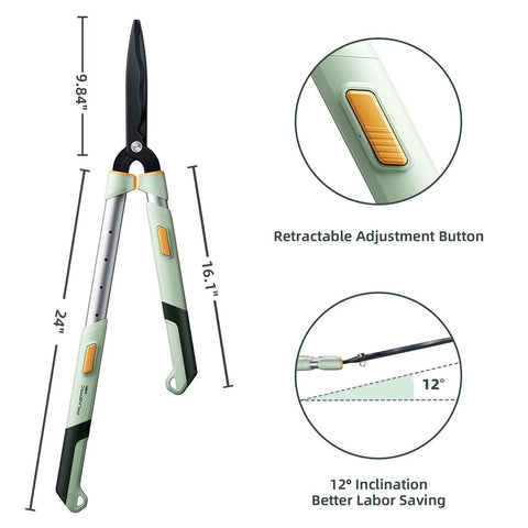 Extendable Hedge Shears With No Ladder Needed 27 To 35 Inch Reach Wavy Stainless Steel Blades Teflon Coated, showing dimensions and features.