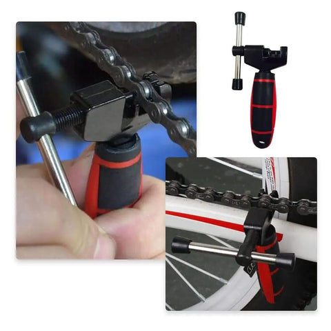 Universal Bike Chain Tool And Breaker For Road And Mountain Bikes, compact steel and plastic chain splitter in use on a bike