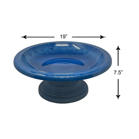Fiber Clay Bird Bath With Gloss Azure Blue Bowl Grab And Go Low Profile Base 19 Inch Diameter 7.5 Inch Height Lightweight Garden Waterer