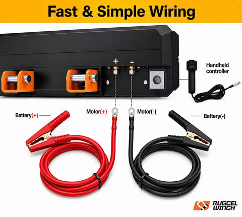 Portable 4500lb 12V DC Electric Winch With Synthetic Rope And Hawse Fairlead, Steel Mounting Plate, Infrared Remote Control, Toolbox Included For ATV UTV Applications, Ready To Pull You Outta Any Jam. Wiring kit with handheld controller and battery cables