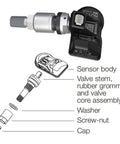 Autel TPMS Sensor with metal valve stem; exploded view shows sensor body, valve core, washer, screw-nut, cap