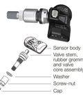 Illustration diagram of MX Sensor TPMS Set Of 4 Programmable All In One 315MHz 433MHz Press In TPMS Sensors With Metal Valves components.