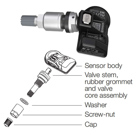 Illustration diagram of MX Sensor TPMS Set Of 4 Programmable All In One 315MHz 433MHz Press In TPMS Sensors With Metal Valves components.