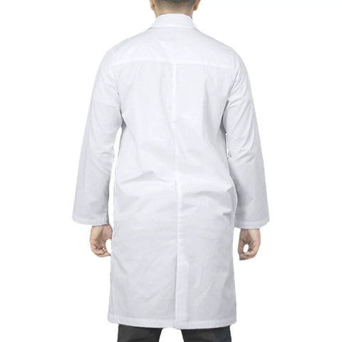 Back view of Ultra Comfortable Unisex White Lab Coat For Men And Women 40 Inch Premium Poly Cotton Blend Spacious Pockets Durable And Easy Care