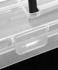 Heavy Duty Tool Box With Slick Divided Compartments And Secure Lid for easy access to stored items in clear plastic.