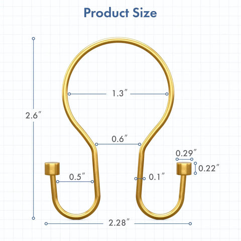 Dark Gold Double Shower Curtain Hooks With Cylindrical Design 12 Pack Metal Rust Proof Rings product size dimensions