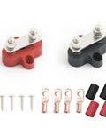 Heavy Duty Bus Bar With M6 And One Quarter Inch Dual Studs Positive Negative Power Distribution Block Red Black 2 Pack For Auto Boat Marine RV Solar System Brass Core Stainless Fasteners Corrosion Resistant, top view with terminals