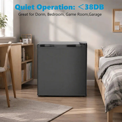 Solid 1.6 Cu Ft Mini Fridge With Dedicated Freezer Knockout Compact Cooler in a cozy bedroom setting.