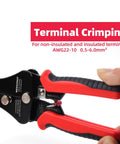 All In One 3 In 1 Adjustable Wire Stripper Tool with Automatic Solar Cable Stripper and Cutter for 2.5 4 6 Square Millimeter Solar Wires 14 10 AWG SK5 Blade Precise Stripping Holes Easy No Fuss Handheld Tool for Clean Safe Wire Prep showing terminal crimping.