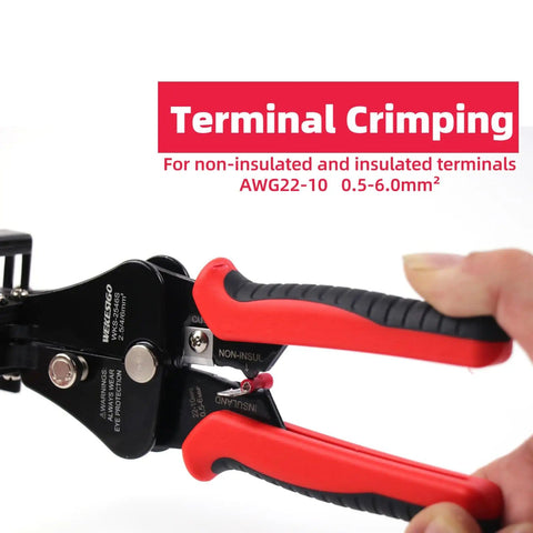 All In One 3 In 1 Adjustable Wire Stripper Tool with Automatic Solar Cable Stripper and Cutter for 2.5 4 6 Square Millimeter Solar Wires 14 10 AWG SK5 Blade Precise Stripping Holes Easy No Fuss Handheld Tool for Clean Safe Wire Prep showing terminal crimping.