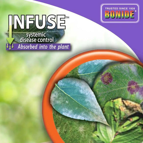Infuse Systemic Disease Control Concentrate For Lawn And Ornamentals Broad Spectrum Fungicide packaging with plant leaves