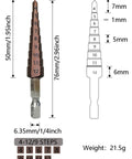Cobalt Step Drill Bit Set With 1/4 Inch Hex Shank, displaying size and step measurements for metal drilling.