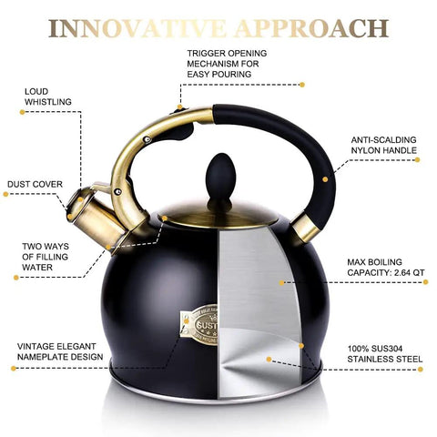 Stove Top Whistling Tea Kettle 2.64 Quart with stainless steel body, ergonomic handle, push button pouring, black finish