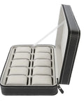 Top Shelf 10 Grid Watch Storage Box With Cushioned Dividers For Organizing Your Cool Watch Collection On The Go Or Desk Display Plus Ring Holder And Travel Essentials Case open showing ten cushioned slots.