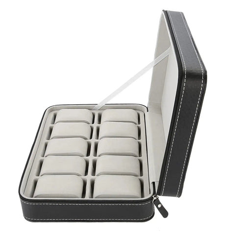 Top Shelf 10 Grid Watch Storage Box With Cushioned Dividers For Organizing Your Cool Watch Collection On The Go Or Desk Display Plus Ring Holder And Travel Essentials Case open showing ten cushioned slots.