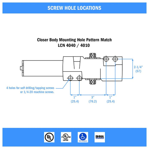 Diagram of 4400 Series Cast Iron Door Closer Grade 1 Built Tough Multi Mount Adjustable Size 1 to 6 ADA Compliant showing screw hole locations.