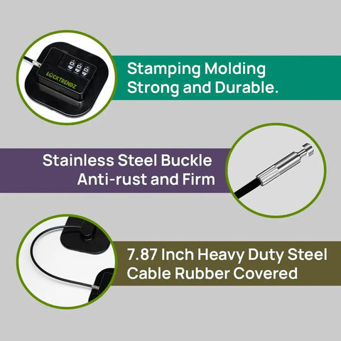 Heavy Duty Fridge Lock For Kids With Password, featuring stamping molded design, stainless steel buckle, and rubber-covered cable