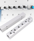 Six Way Eight Port Air Compressor Manifold Block with 1/4 Inch NPT Output shown installed and detailed view