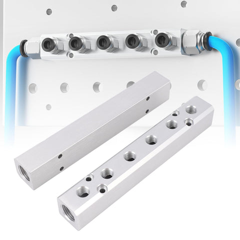 Six Way Eight Port Air Compressor Manifold Block with 1/4 Inch NPT Output shown installed and detailed view